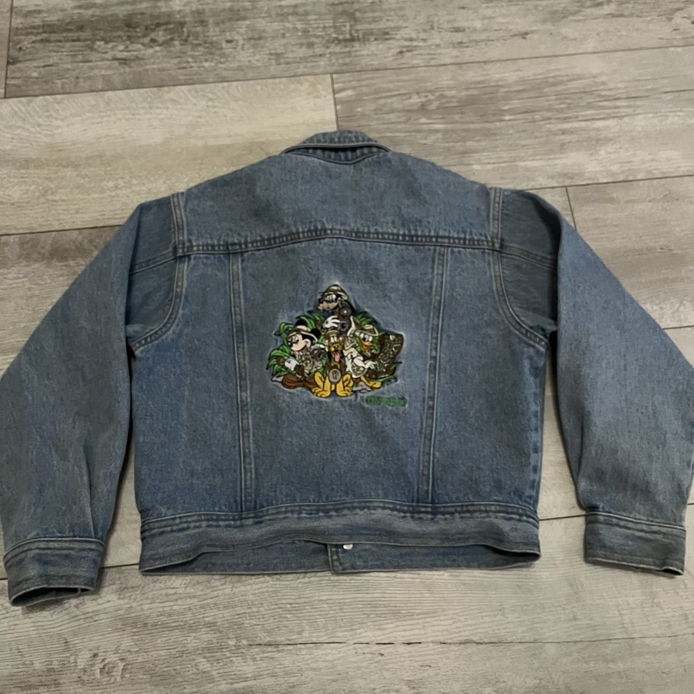 MICKEY INC DISNEY KIDS JEAN JACKET LARGE DISNEYLAND  ANIMAL KING PATCH *STAINED